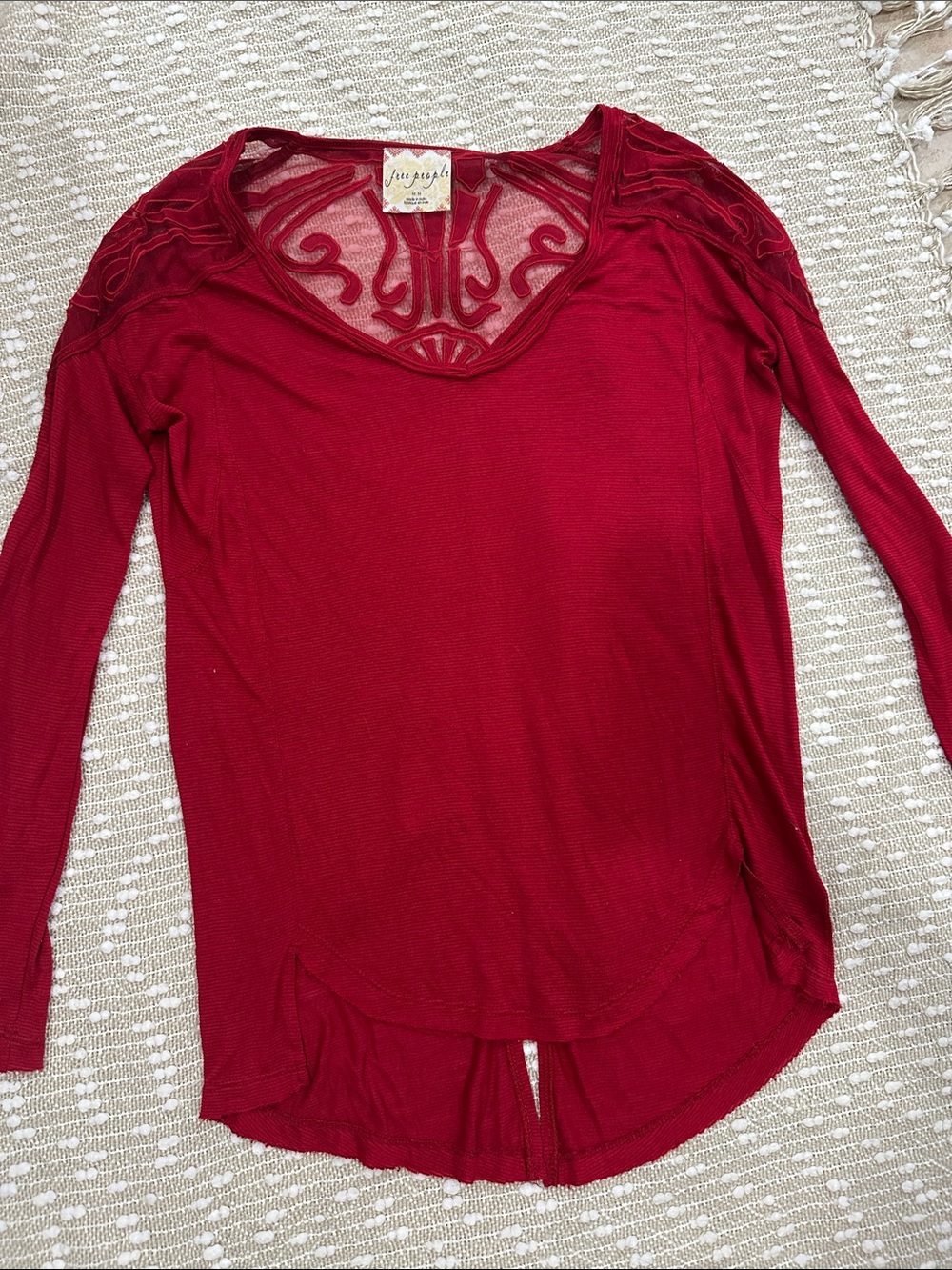 Free People Burgundy Long-Sleeve Lace Yoke Top